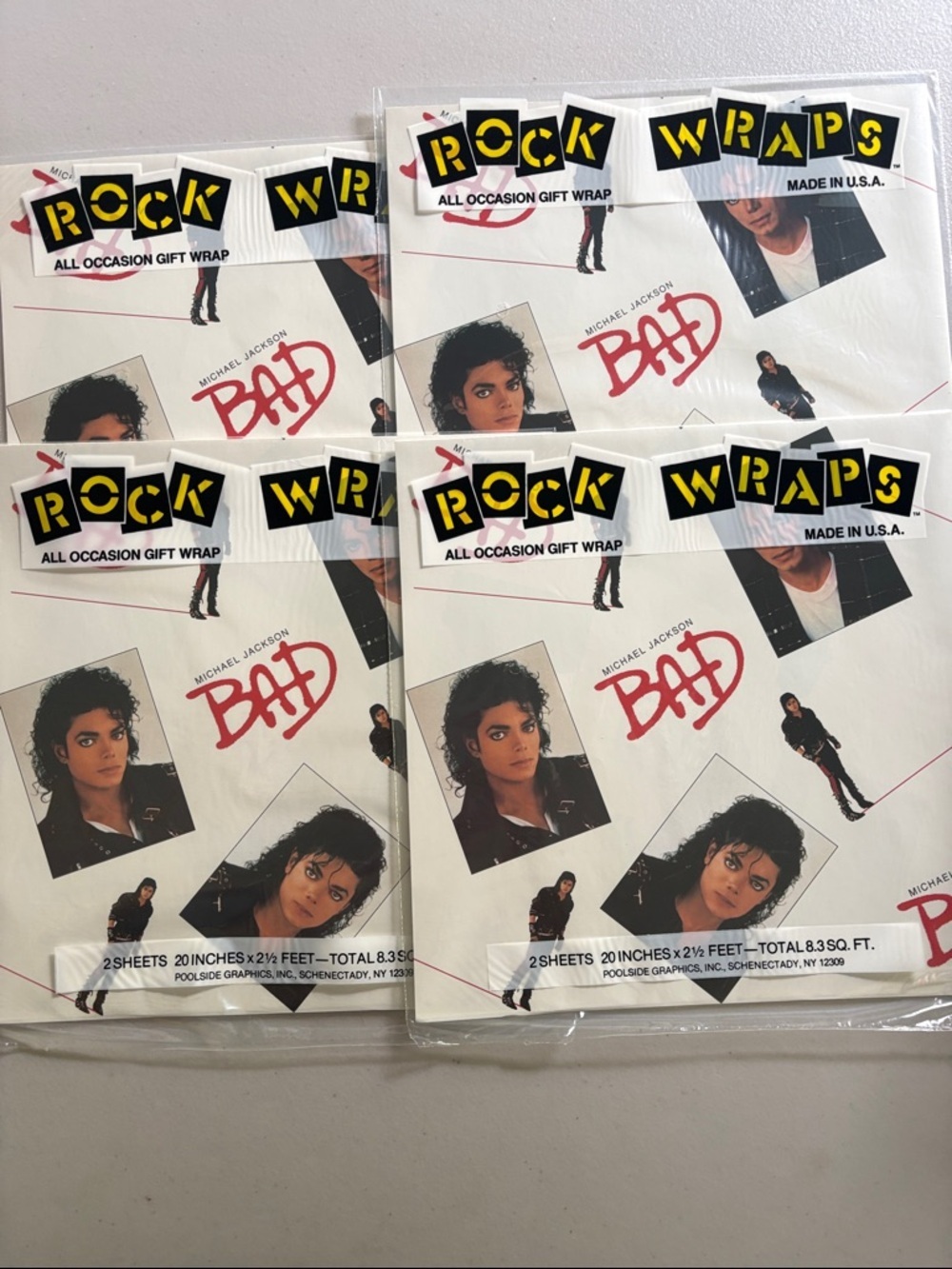 Michael Jackson BAD Wrapping Paper Gift Wrap NWT. Pop. SET of 4 RARE! Rock Wraps